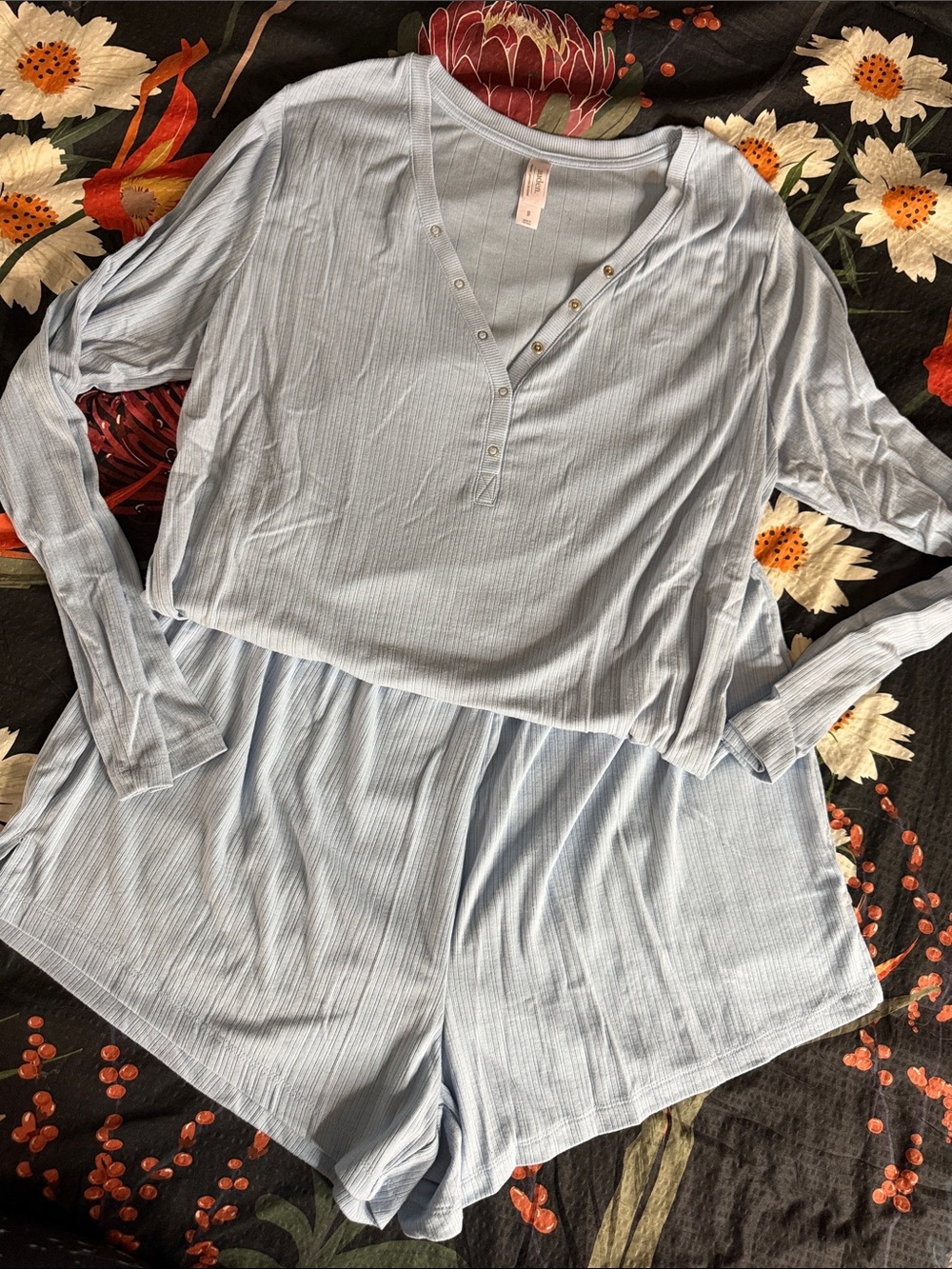 Auden Light Blue Ribbed Henley Sleep Set Long sleeve with shorts XXL